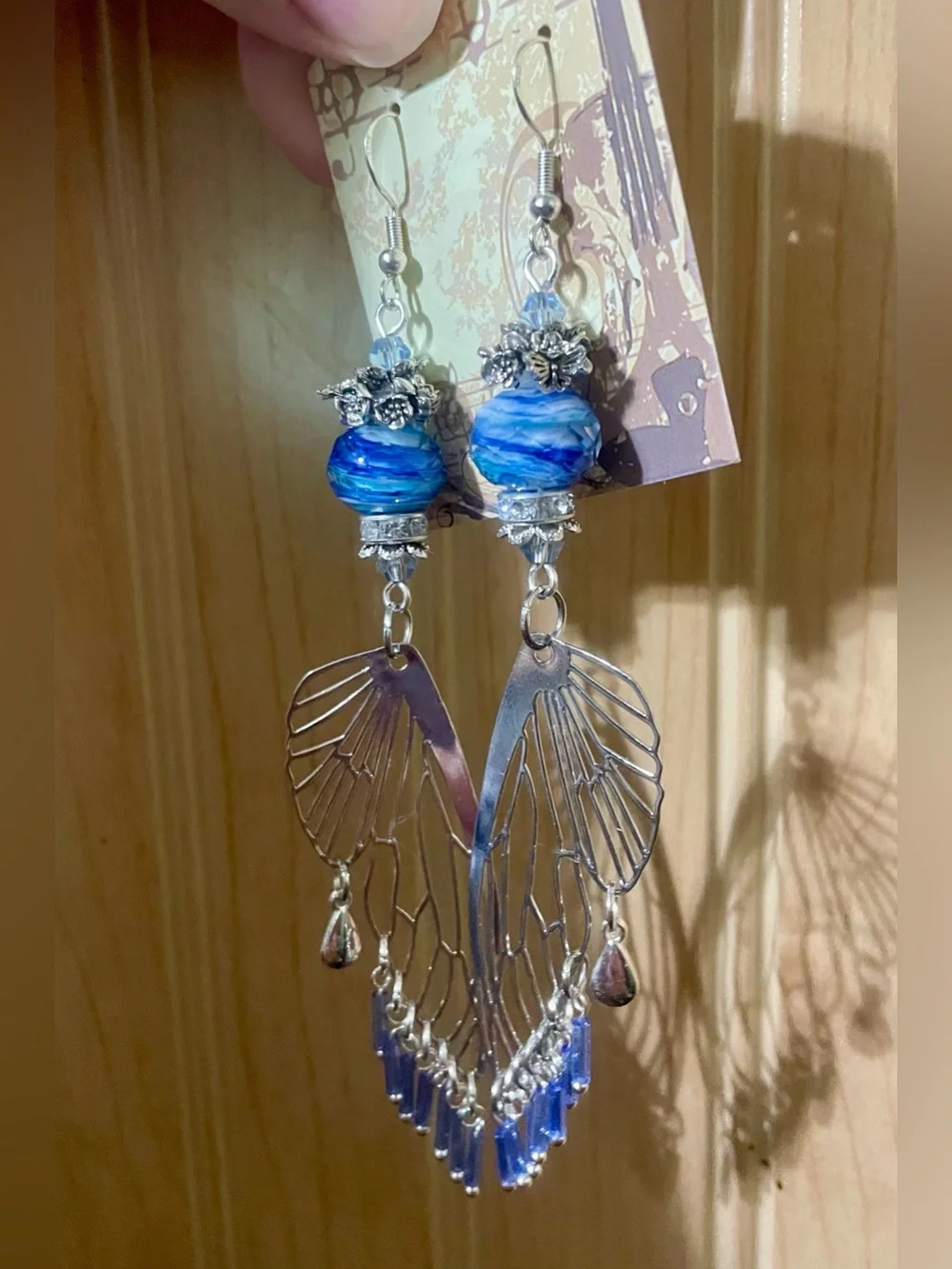 Starry Night Silver Wing Dangle Earrings - Picture 6 of 8